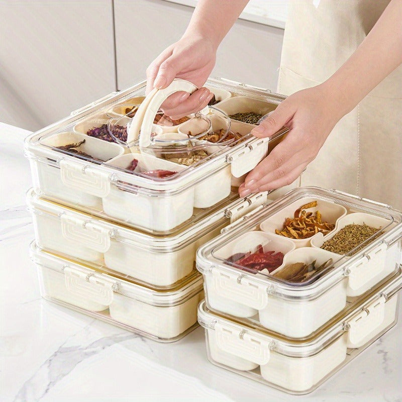 1pc Clear 8 Compartments Divided Serving Tray With Lid And Handle, Snackle Box, Charcuterie Container, Portable Snack Platters For Party, Kitchen Supplies