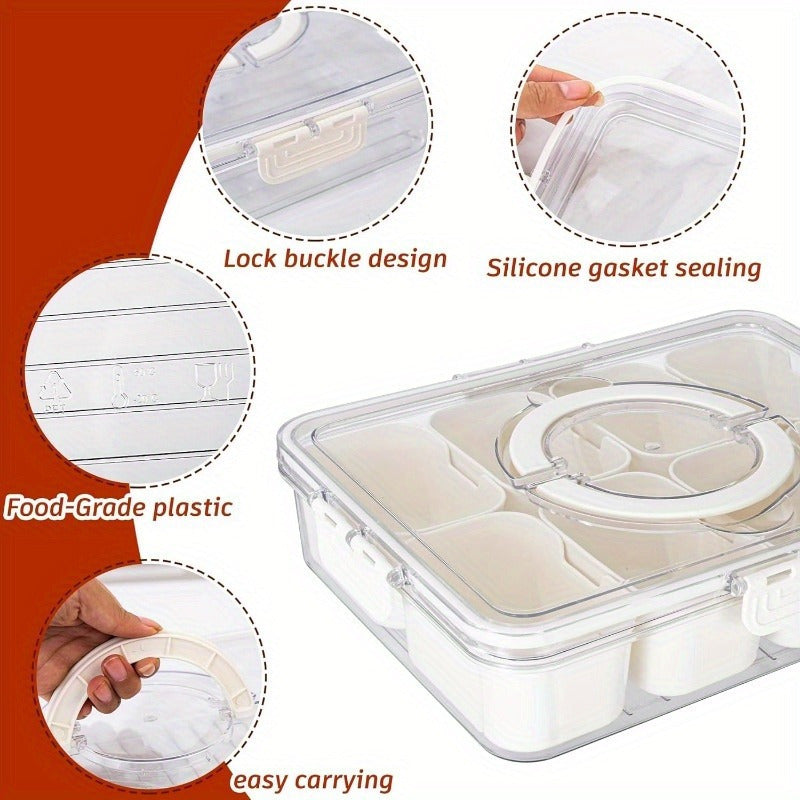 1pc Clear 8 Compartments Divided Serving Tray With Lid And Handle, Snackle Box, Charcuterie Container, Portable Snack Platters For Party, Kitchen Supplies