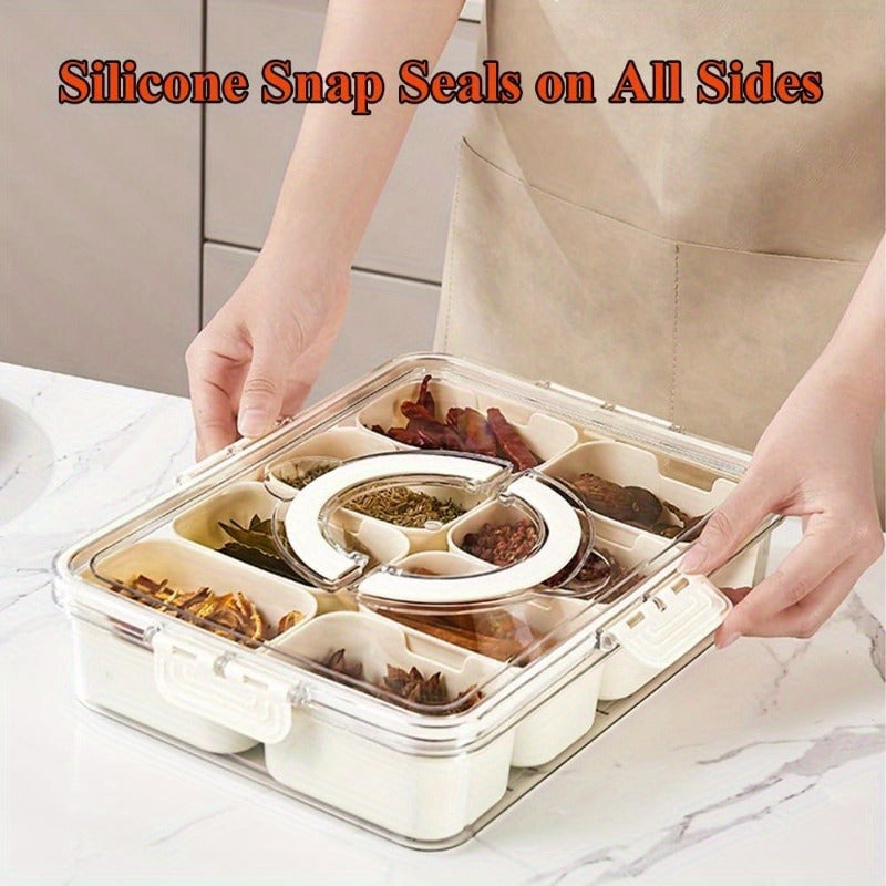 1pc Clear 8 Compartments Divided Serving Tray With Lid And Handle, Snackle Box, Charcuterie Container, Portable Snack Platters For Party, Kitchen Supplies