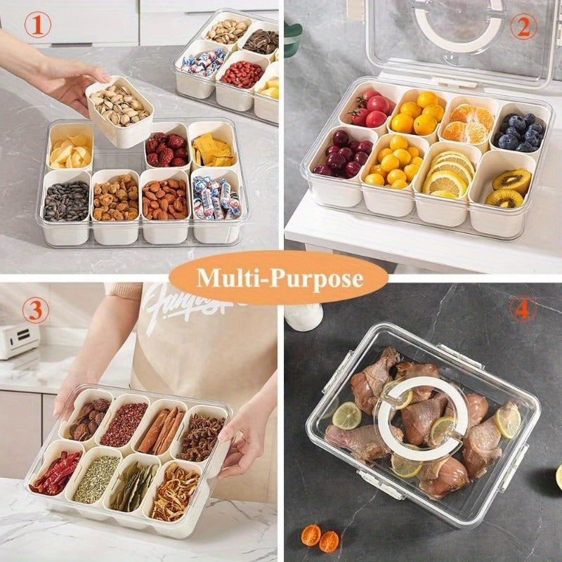 1pc Clear 8 Compartments Divided Serving Tray With Lid And Handle, Snackle Box, Charcuterie Container, Portable Snack Platters For Party, Kitchen Supplies
