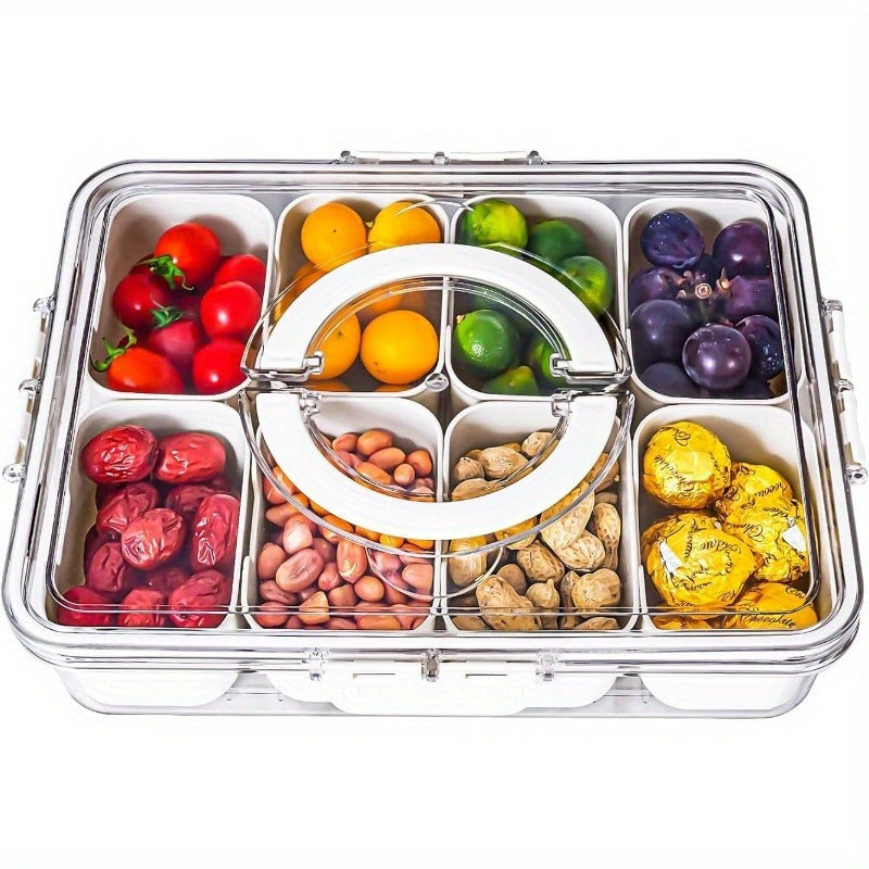 1pc Clear 8 Compartments Divided Serving Tray With Lid And Handle, Snackle Box, Charcuterie Container, Portable Snack Platters For Party, Kitchen Supplies