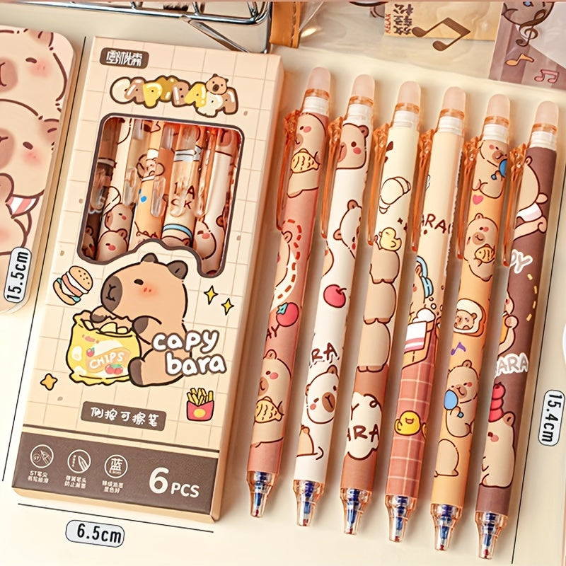 6pcs Set of Capybara Themed Erasable Gel Pens, Blue Ink Retractable Design, Smooth Writing, Fast Drying Office Accessory, Elegant Stationery Pen