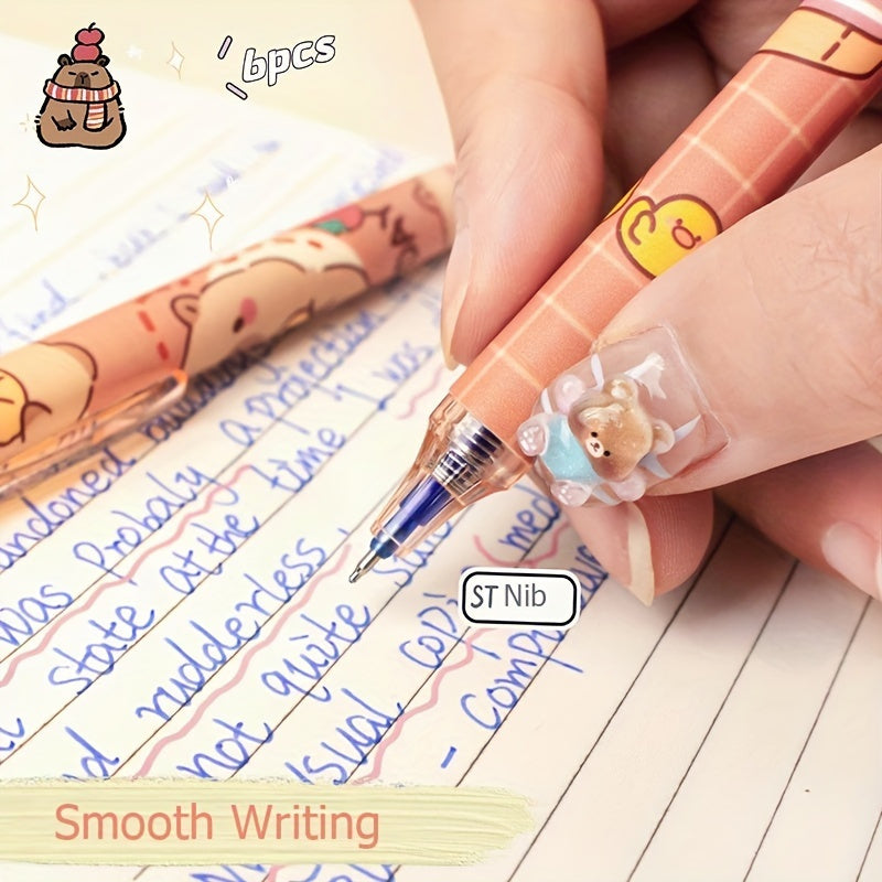 6pcs Set of Capybara Themed Erasable Gel Pens, Blue Ink Retractable Design, Smooth Writing, Fast Drying Office Accessory, Elegant Stationery Pen