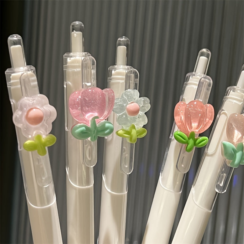 3pcs Tulip Flower Gel Roller Pens, Medium 0.5mm, Quick-drying Plastic Writing Pens, School and Office Supplies