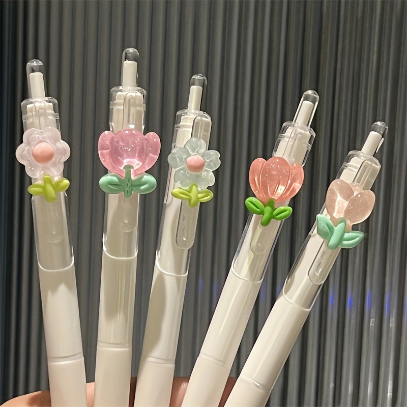 3pcs Tulip Flower Gel Roller Pens, Medium 0.5mm, Quick-drying Plastic Writing Pens, School and Office Supplies