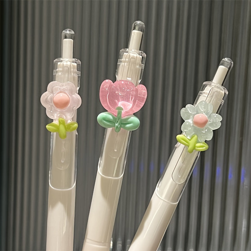 3pcs Tulip Flower Gel Roller Pens, Medium 0.5mm, Quick-drying Plastic Writing Pens, School and Office Supplies