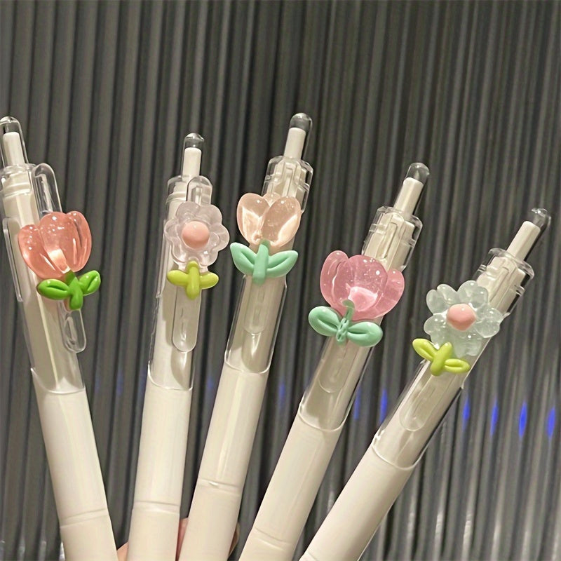 3pcs Tulip Flower Gel Roller Pens, Medium 0.5mm, Quick-drying Plastic Writing Pens, School and Office Supplies