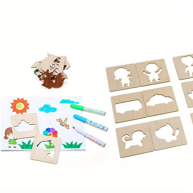 10pcs Educational Toys, Arts Crafts Setwooden Drawing Stencils Kit, Drawing Board Toys Coloring Puzzle, Christmas, Halloween Gaming Gift Thanksgiving