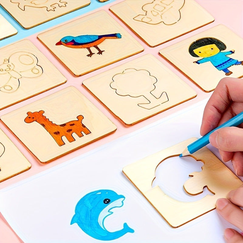 10pcs Educational Toys, Arts Crafts Setwooden Drawing Stencils Kit, Drawing Board Toys Coloring Puzzle, Christmas, Halloween Gaming Gift Thanksgiving