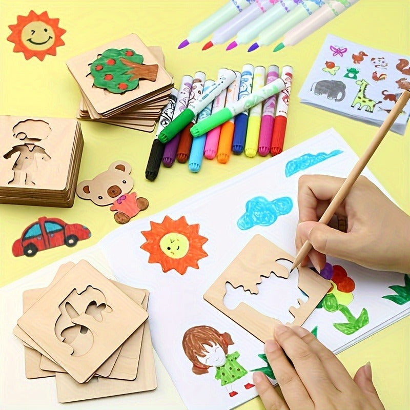 10pcs Educational Toys, Arts Crafts Setwooden Drawing Stencils Kit, Drawing Board Toys Coloring Puzzle, Christmas, Halloween Gaming Gift Thanksgiving