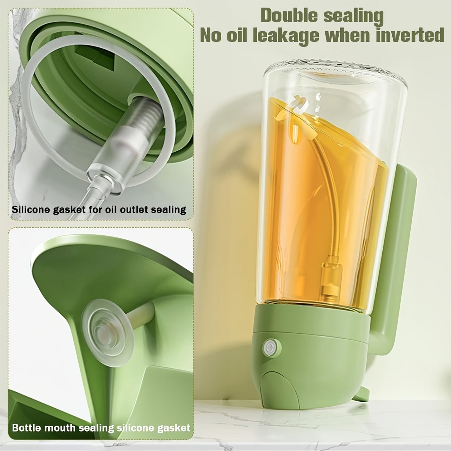 16oz Olive Green Glass Olive Oil Dispenser - 2-in-1 Oil Bottle and Cooking Sprayer with Auto Flip Cap and Label Stickers (Light Blocking)
