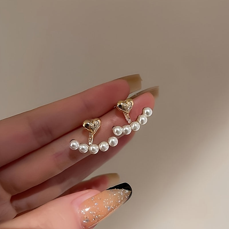Pair of Elegant Heart-Shaped Faux Imitation Pearl Earrings for Women - Golden-Tone Alloy with Stainless Steel Posts, Valentine's Day Gift for Her, Girlfriend, Best Friend, Everyday Jewelry