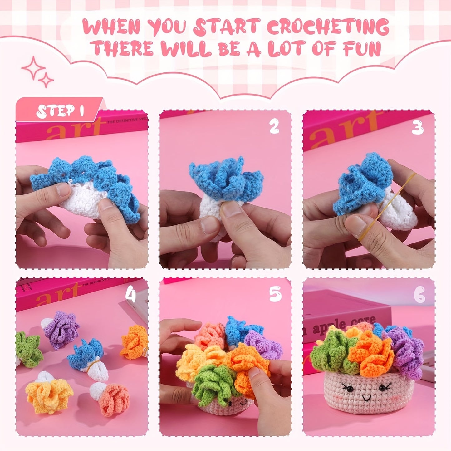 Crochet Set for Making Coasters Shaped Like Potted Plants, Complete with Video Guides And Crochet Hooks for Grown-Ups.