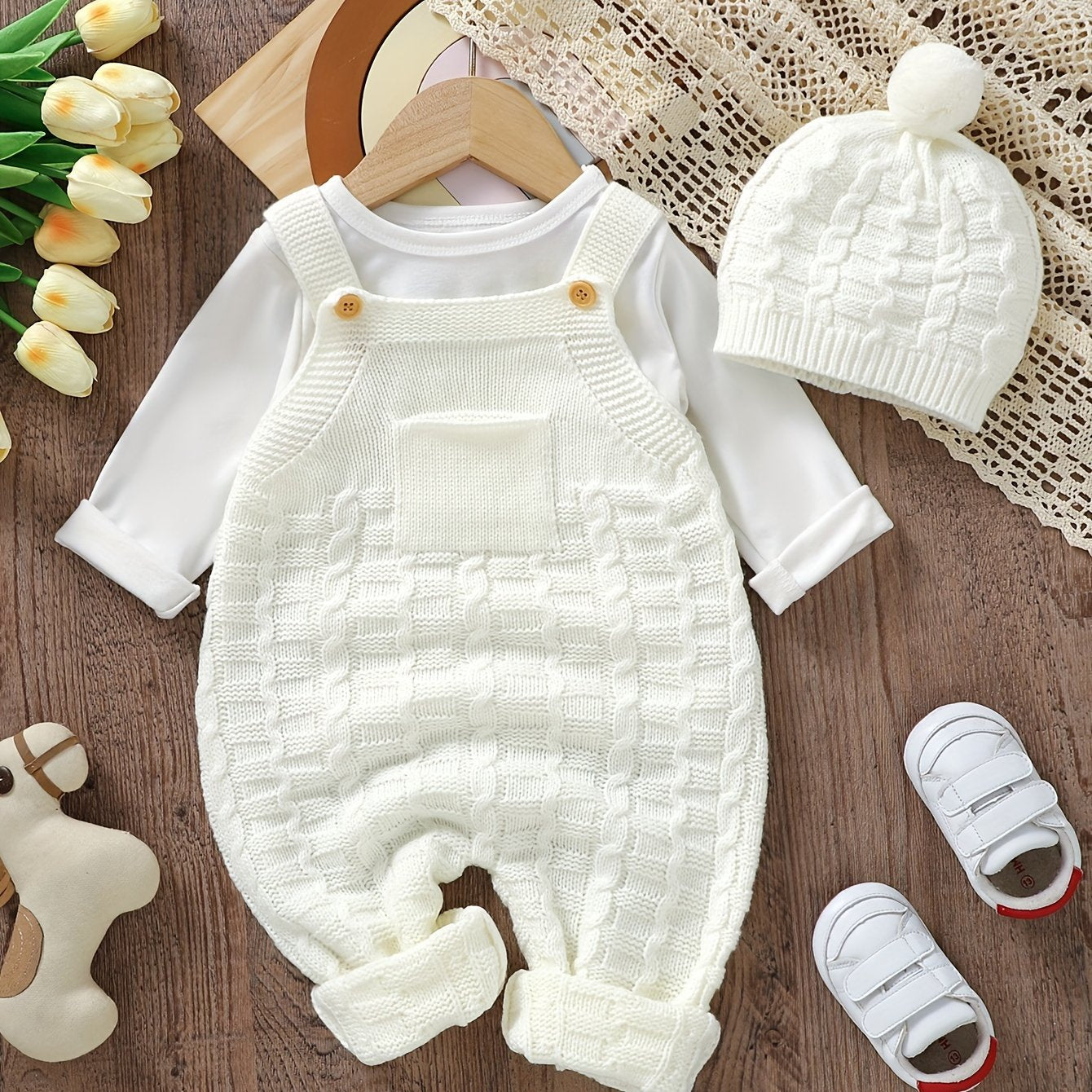 DOVFANNY 2pcs Baby Outfit Set, Acrylic Knit Crew Neck Jumpsuit with Leggings and Matching Hat, Casual Solid Color, Slight Stretch, Sleeveless, Regular Fit for Fall/Winter, for Outdoor