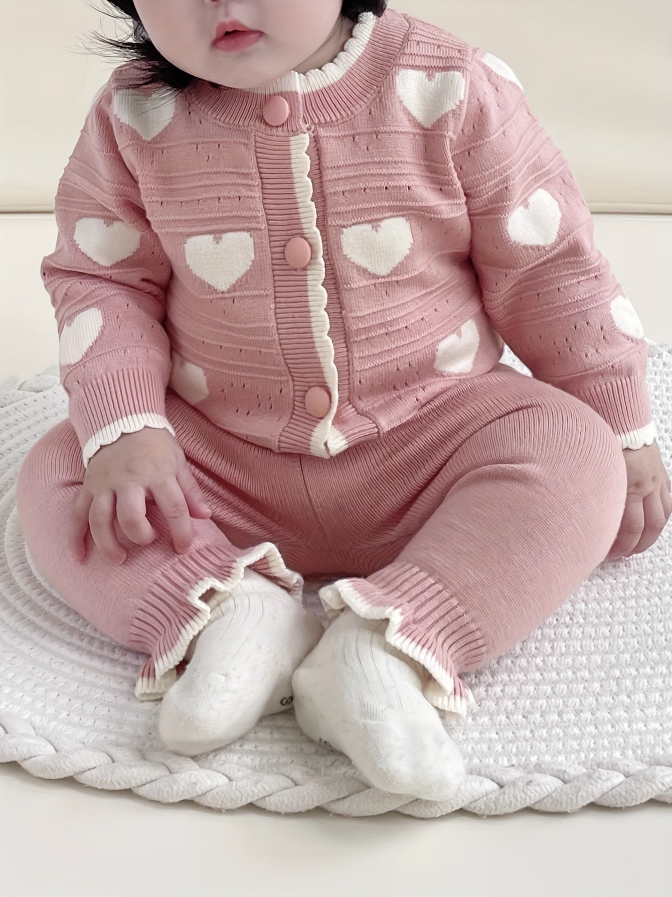 Newborn Baby Clothes Spring/Autumn Set for Girls with Heart Open Cardigan and Hollow Out Sweater Jacket Knit Pants Two-Piece Suit, Perfect for Outdoor