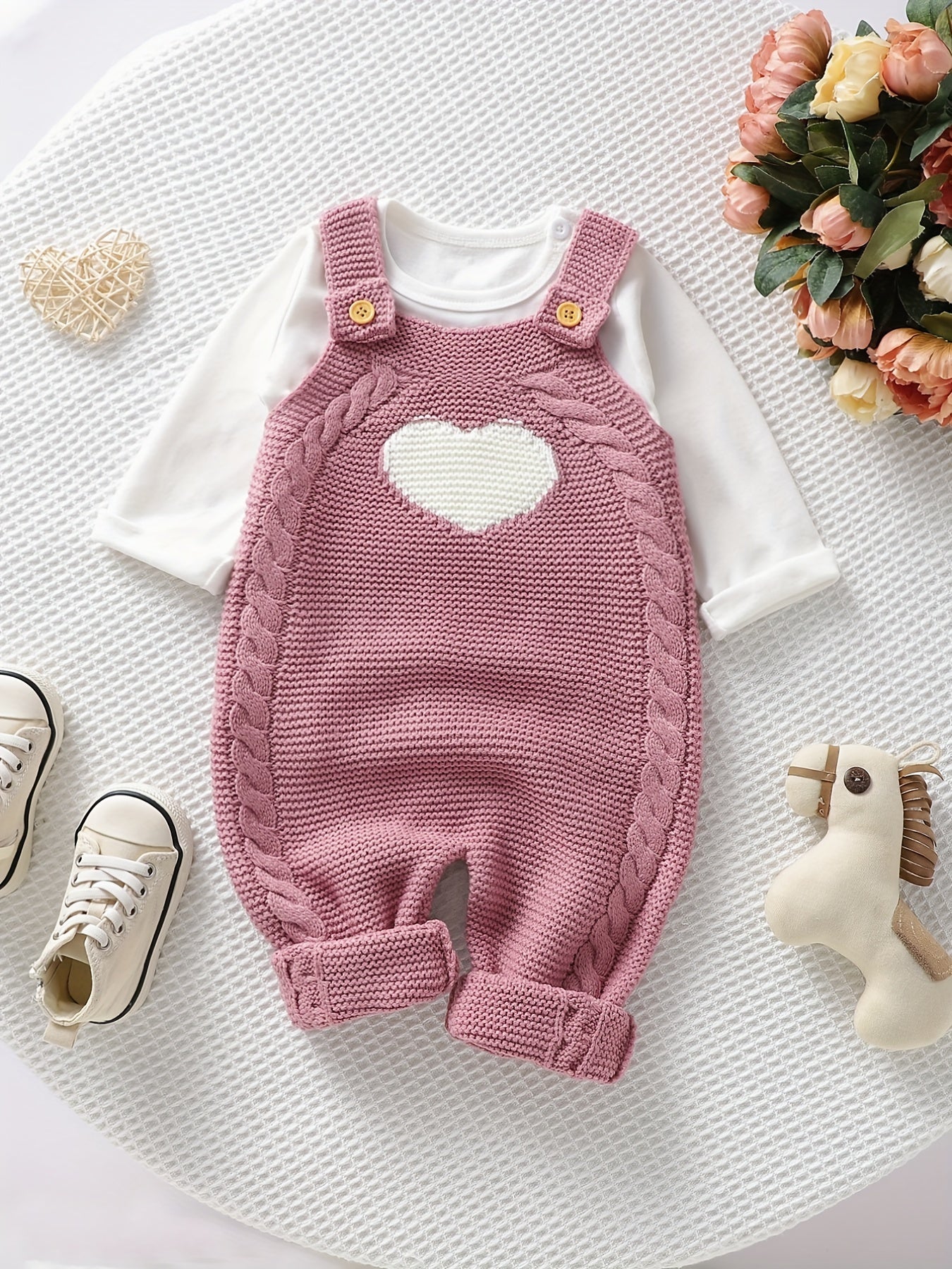 Unisex Bodysuit with Heart Jacquard Detail - Soft 100% Acrylic Square Neck Winter Outfit, Elastic Crotch & Snap Closure, Light Green Adorable Clothing for &, Perfect for Outdoor