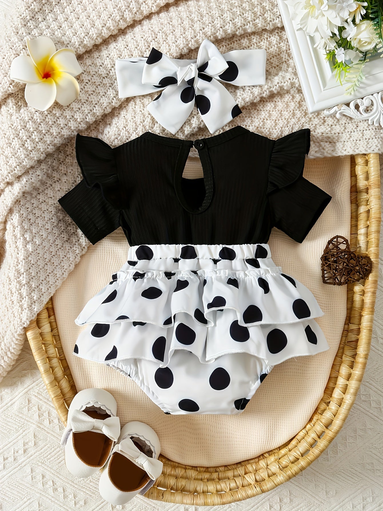 Baby's Cute Mouse Patchwork Faux Two-piece Bodysuit, Casual Short Sleeve Layered Romper Dress, Toddler & Infant Girl's Onesie For Summer