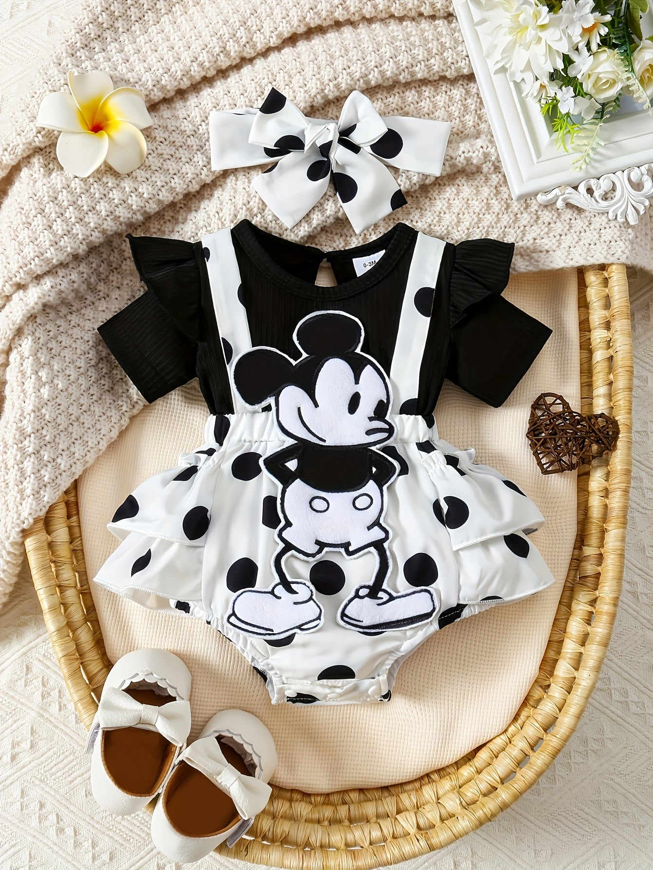 Baby's Cute Mouse Patchwork Faux Two-piece Bodysuit, Casual Short Sleeve Layered Romper Dress, Toddler & Infant Girl's Onesie For Summer
