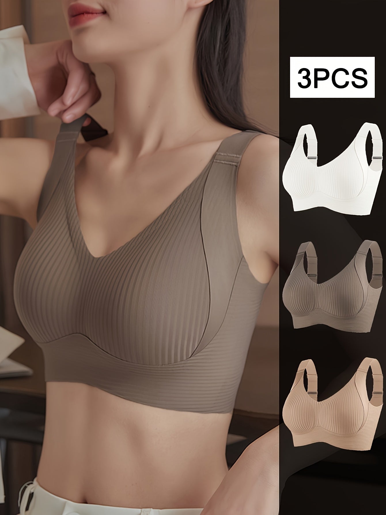 3pcs Women's Push-Up Bras Anti-Sagging Adjustable Comfort Seamless High Support Wire-Free with Removable Pads & Side Smoothing Striped Design - Breathable Soft Fabric for Casual Attire (Light Beige/White/Black), Comfortable Lingerie, Stylish Lingerie, Smo