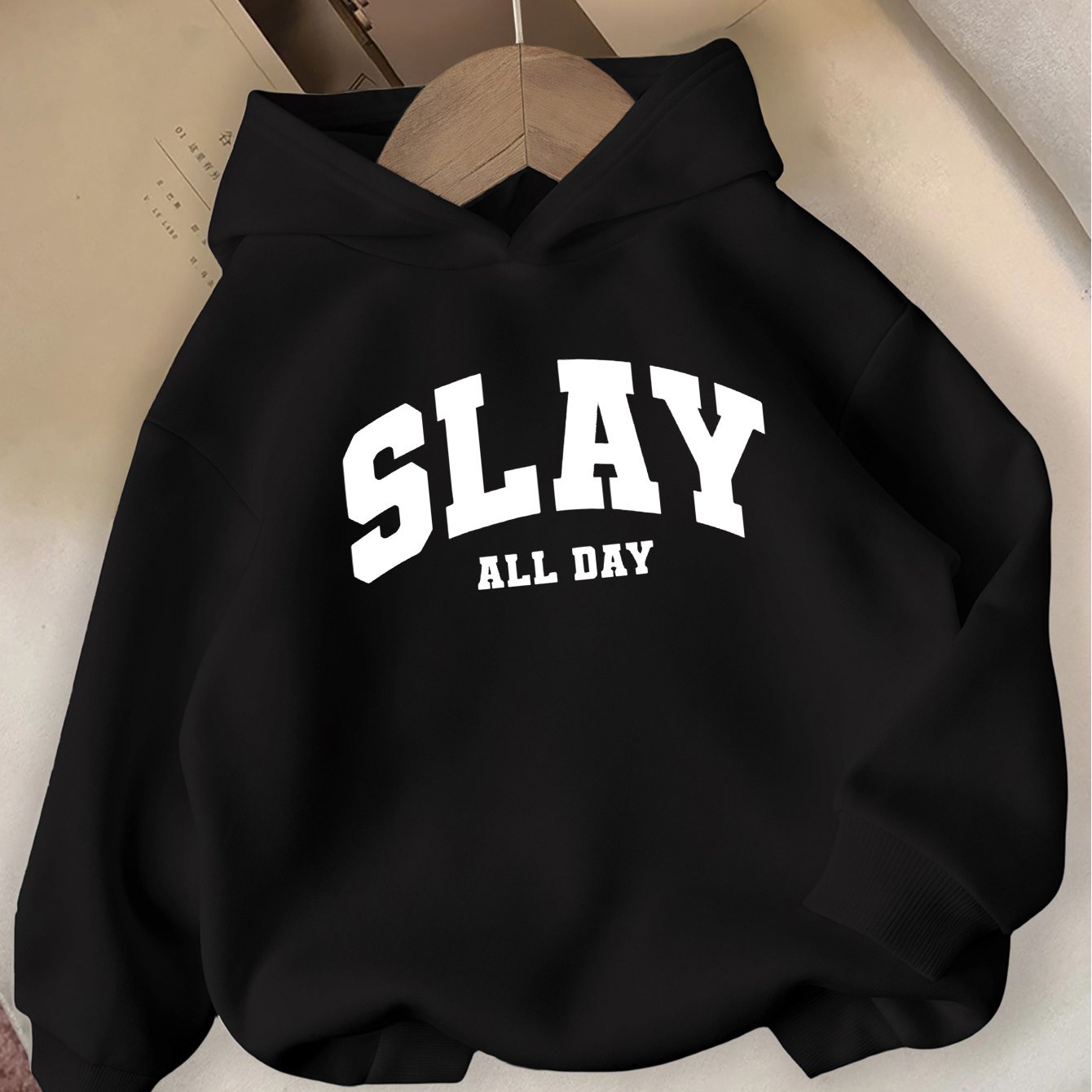 Girls' Pink "SLAY ALL DAY" Hooded Sweatshirt - Casual Long Sleeve Winter Pullover with Bold White Lettering, Regular Fit for Autumn & Winter, Winter Clothes for Girls, Comfortable Fit