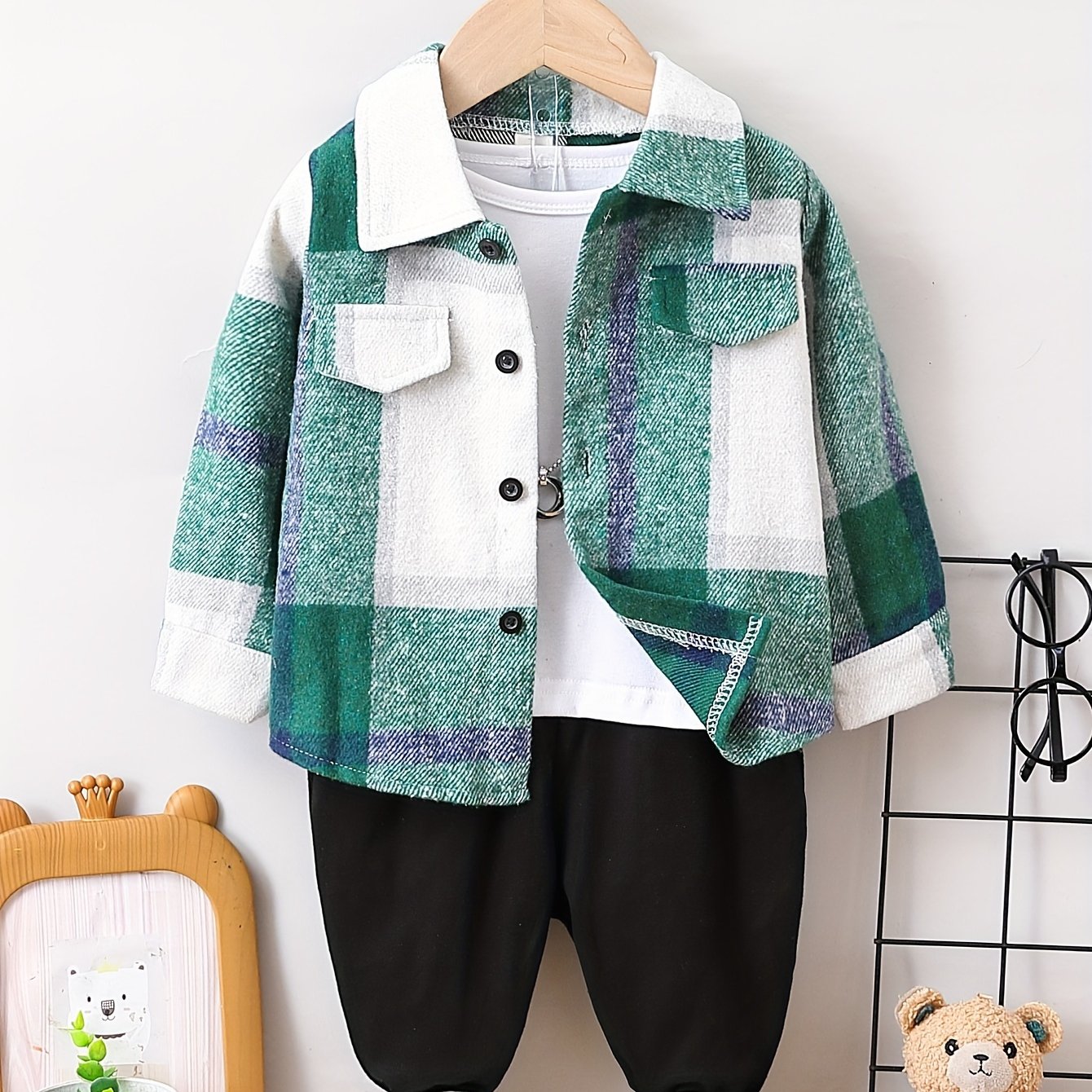 Baby Boys Stylish Lapel Plaid Coat Solid Color Trousers 2pcs Cotton Outdoor Set For Autumn And Winter Without T-shirt