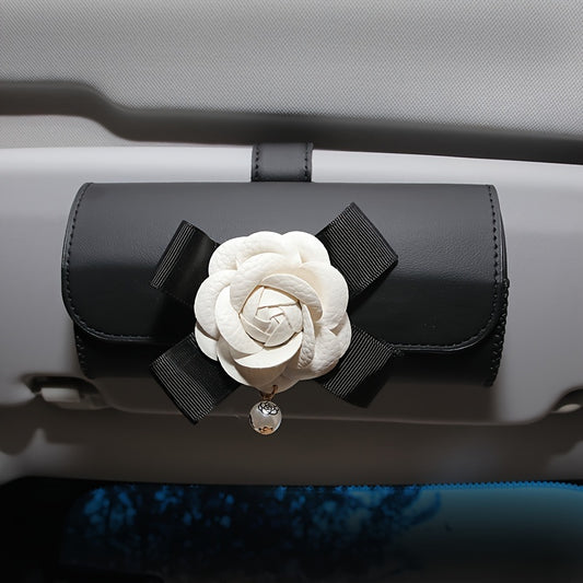 Stylish Camellia Flower Design PU Leather Car Visor Sunglasses Holder - Universal Eyeglass Clip with Bow and Pendant - Convenient Glasses Storage Box for Automotive Sun Visor Accessories