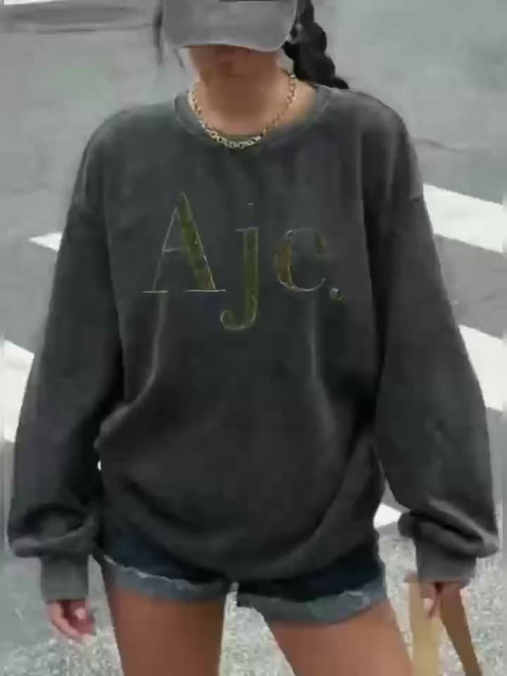 Women'S Casual Vintage Washed Sweatshirt with "Aje." Letter Print, Gray Crew Neck, Long Sleeves, Frayed Hem, Polyester Blend, Fall/Winter Collection, Casual Wear | Relaxed Fit Sweatshirt | Polyester Blend