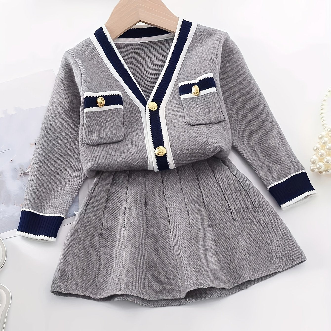 Girls Preppy Style Cardigan And Skirt Set - V-Neck Long Sleeve Top with Button Front & Pockets, Elastic Waistband, Ribbed Texture, Solid Color, Perfect for Fall, Casual Attire | Preppy Clothing | Construction, Clothes for Youngster