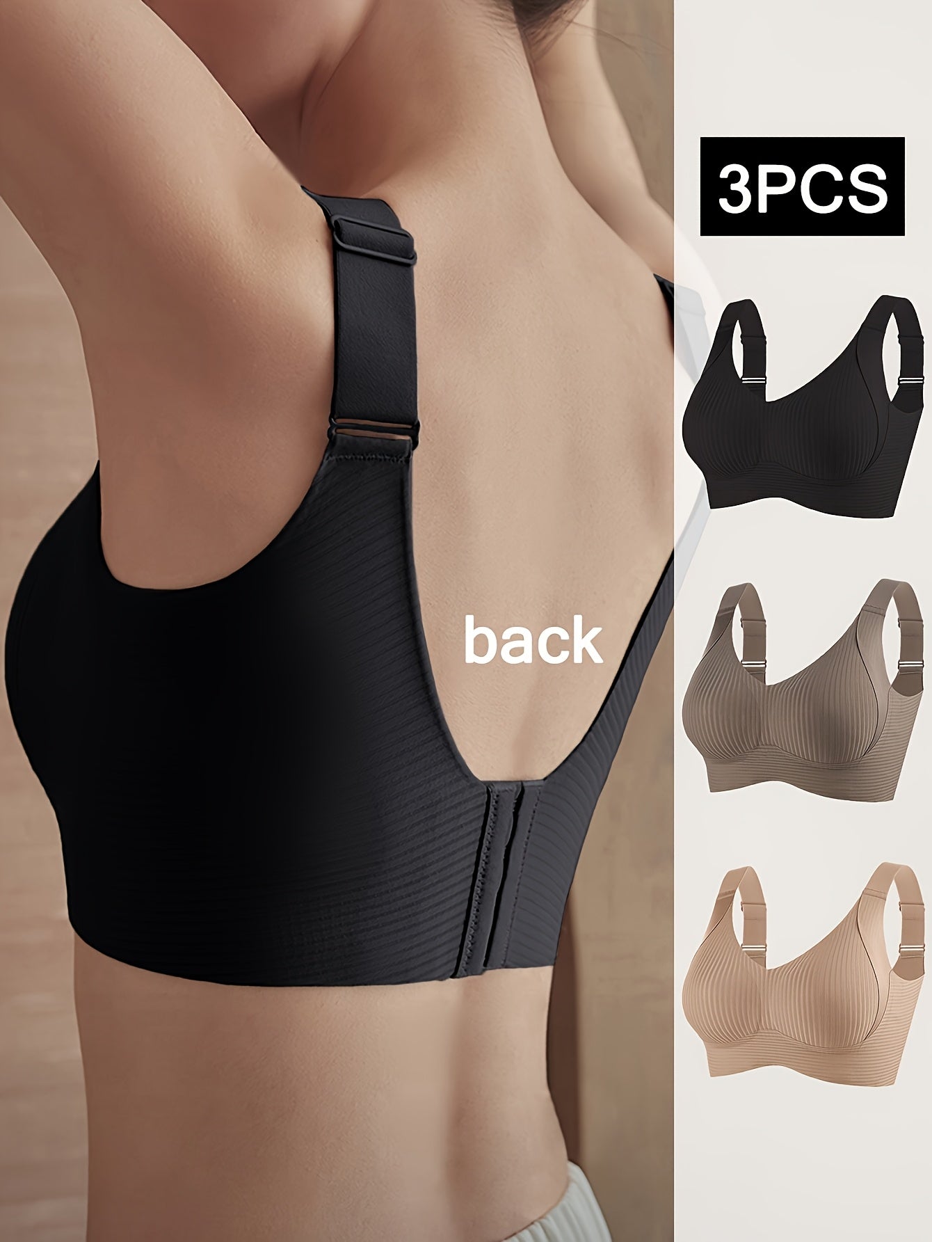 3pcs Women's Push-Up Bras Anti-Sagging Adjustable Comfort Seamless High Support Wire-Free with Removable Pads & Side Smoothing Striped Design - Breathable Soft Fabric for Casual Attire (Light Beige/White/Black), Comfortable Lingerie, Stylish Lingerie, Smo