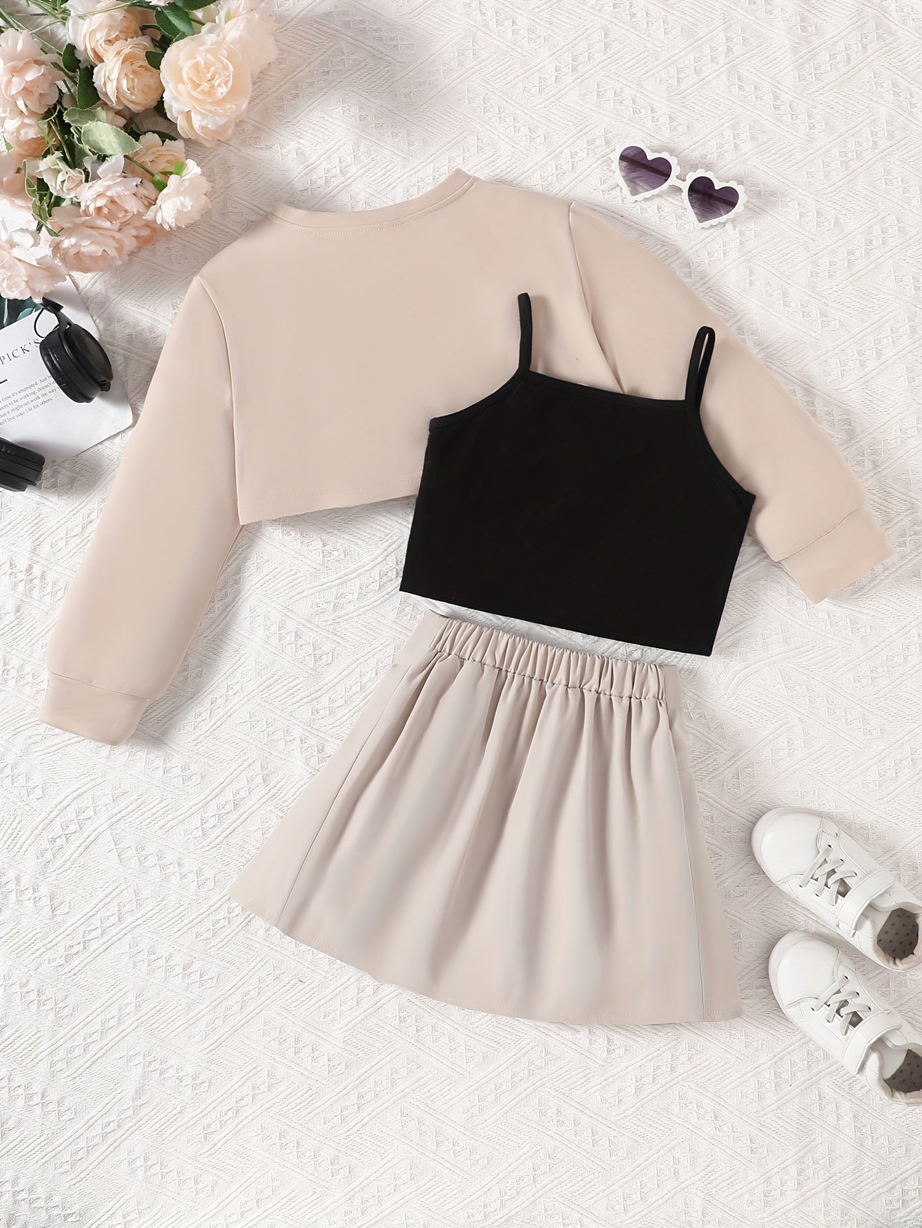 Girls' Spring/Autumn 3-Piece Outdoor Set, Long Sleeve Blouse, Los Angeles Print Cami Top And Pleated Skirt Set, Polyester Blend, Machine Washable