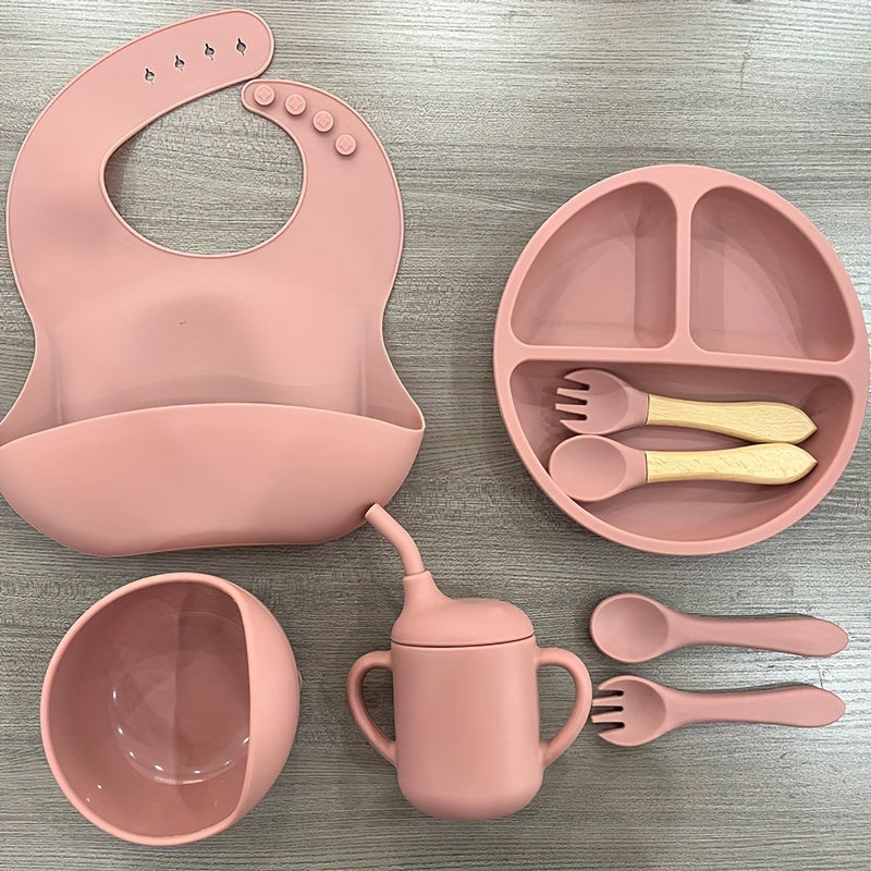 WHZWYK Silicone Baby Feeding Set - Microwave & Oven Safe - For 0-3 Years - Includes Suction Plate, Soft Bowl, Spoons, Forks, Adjustable Bib, Snack Cup - Self-Feeding Supplies