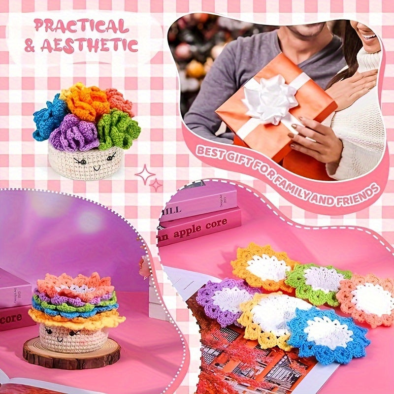 Crochet Set for Making Coasters Shaped Like Potted Plants, Complete with Video Guides And Crochet Hooks for Grown-Ups.