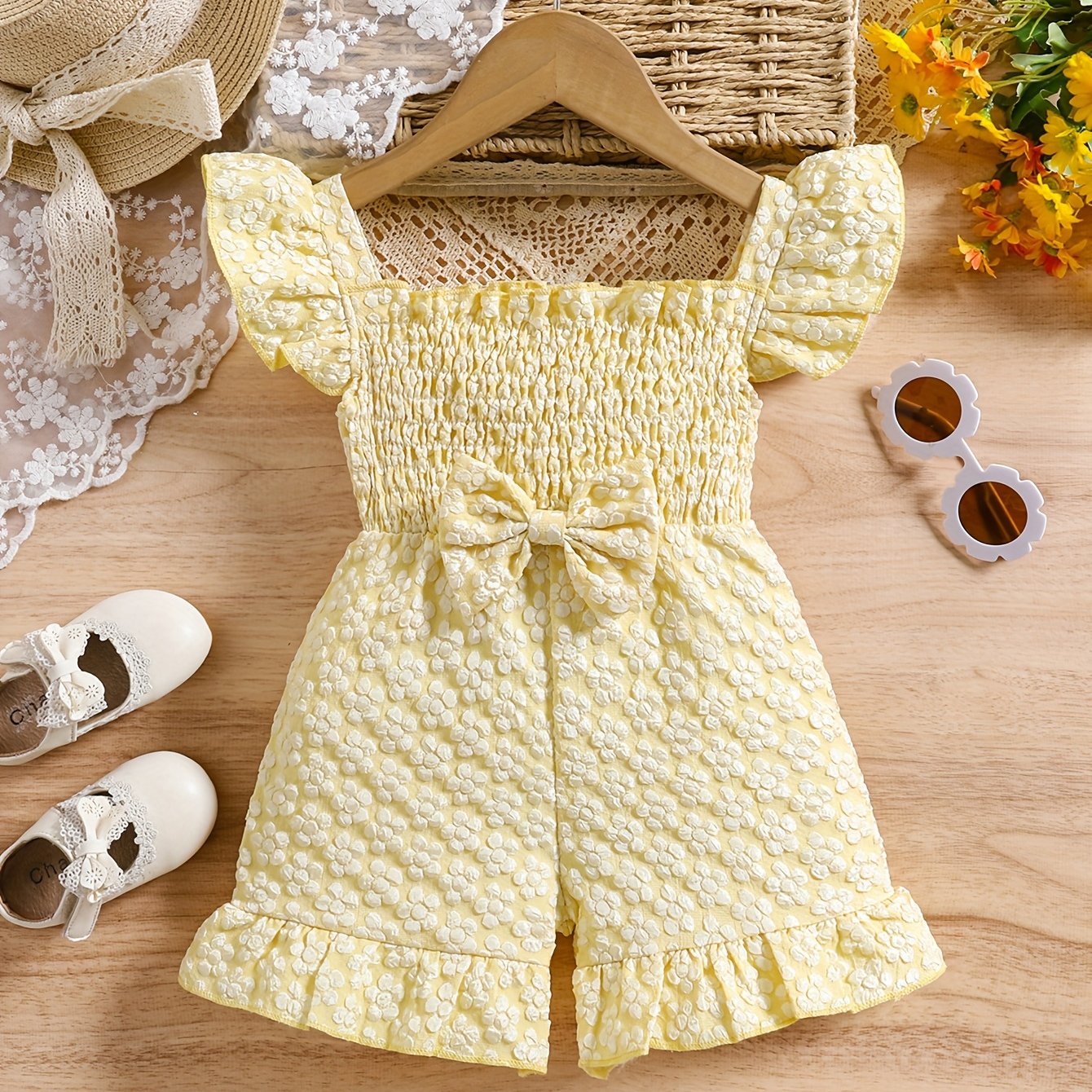 Summer Floral Print Girl'S Romper with Puff Sleeves & Bow Detail - Light Purple Ruffled Hem, Breathable Shorts for 0-3 Years, Cute Outfit for Warm Weather, Toddler Girl Outfit, Playful Little One'S Wear, Soft Texture Fabric, for Outdoor