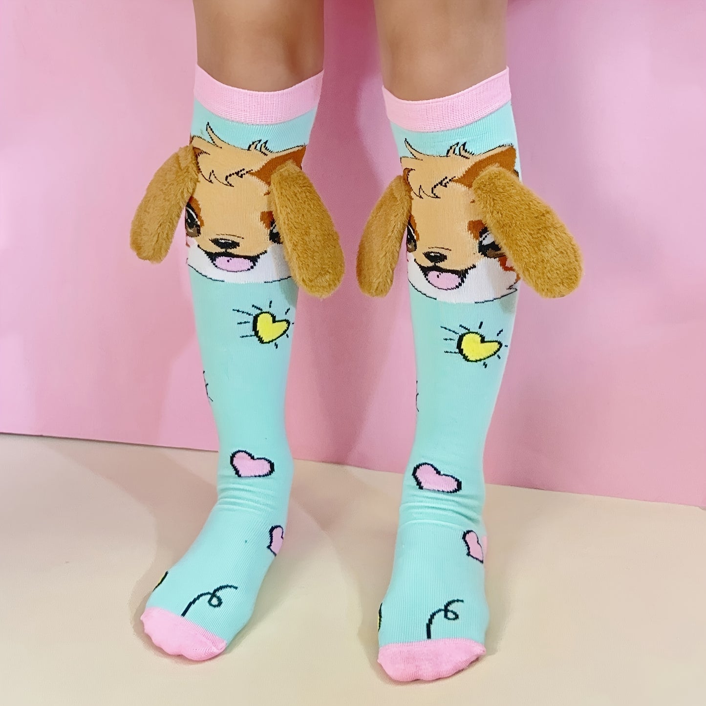 1 Pair Cute Cartoon Dog Ear Knee Socks for Girls - Soft Polyester & Spandex Blend, All-Season Comfort, Perfect Gift for Family & Friends, Decorative School & Party Socks, Dog Socks