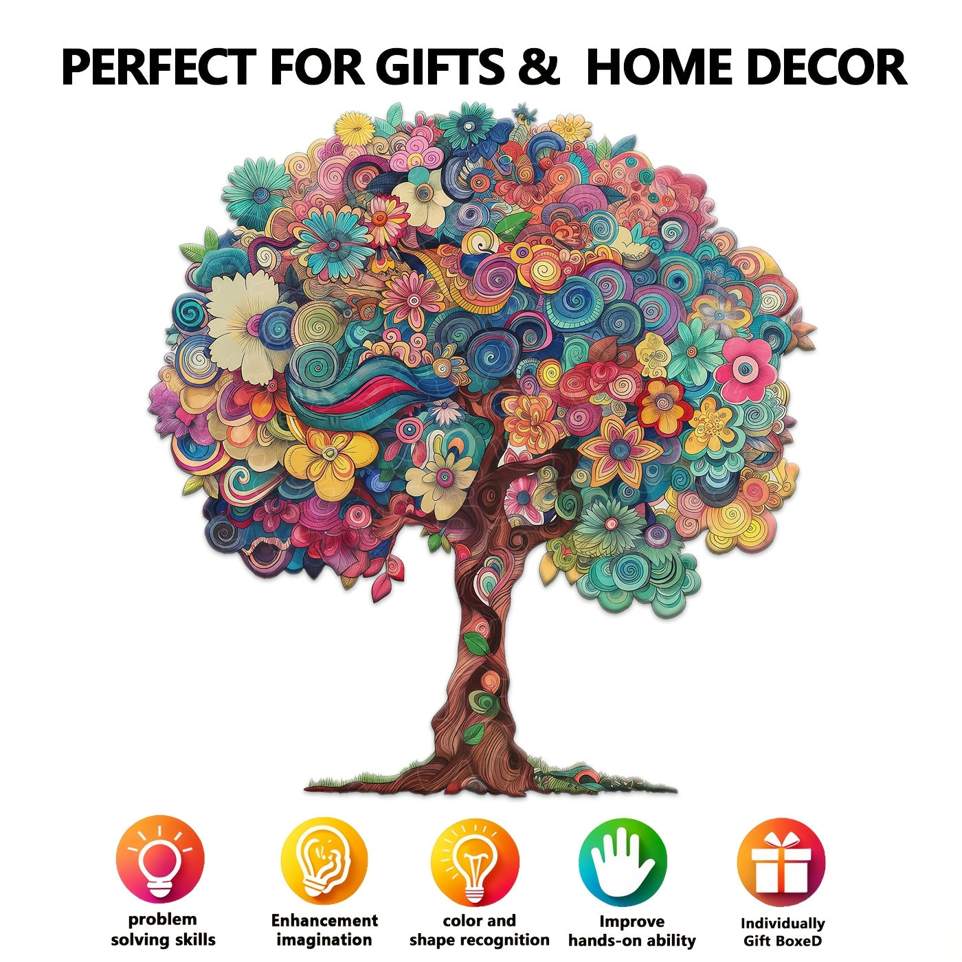 Wooden Jigsaw Puzzle for Adults - Floral Tree of Life with Irregular Animal-Shaped Pieces, Vibrant Artwork, Challenging Brain Teaser & Unique Gift for Focus & Creativity, Decorative Art Painting, Creative Focus Exercise | Intricate Craftsmanship, Wooden P