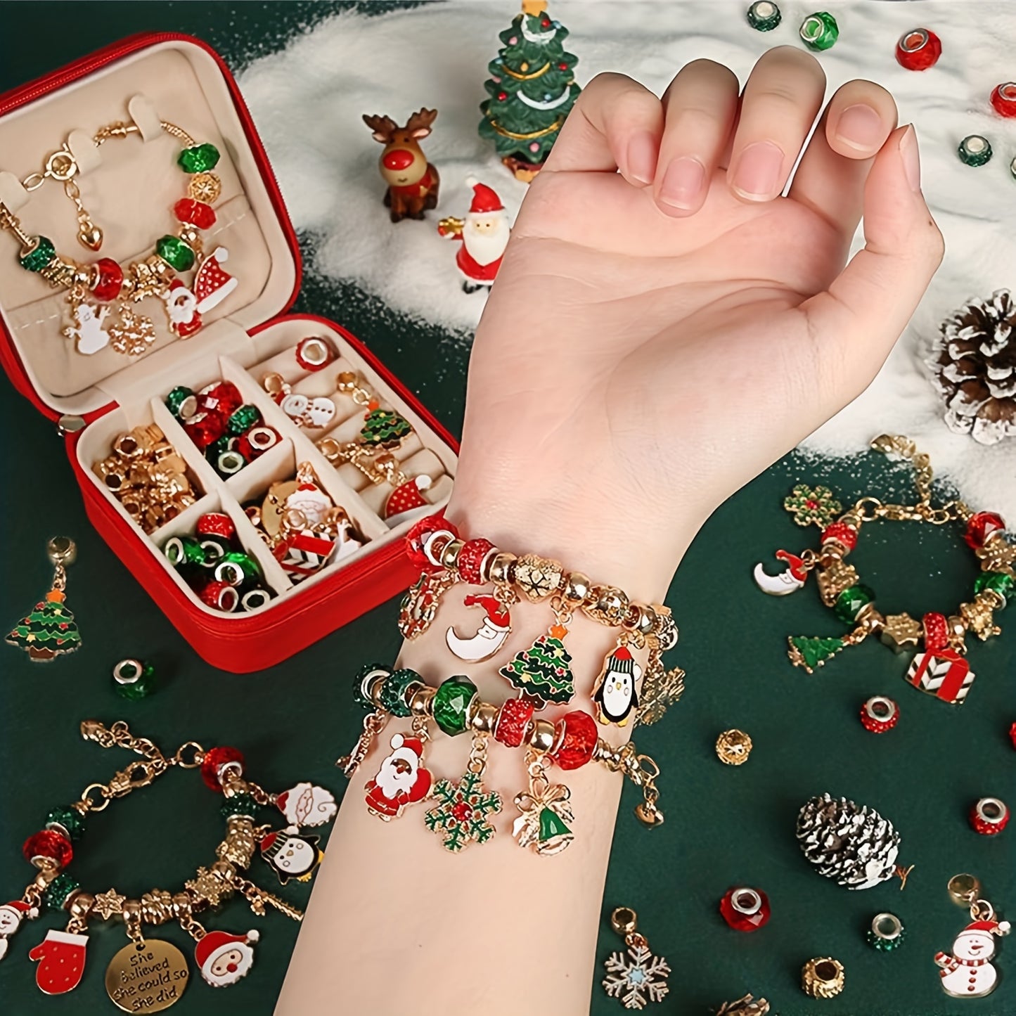 DIY Christmas Gift Set for Women: Elegant Red Green Series Christams Charm Bracelet Making Kit with Beads Jewelry