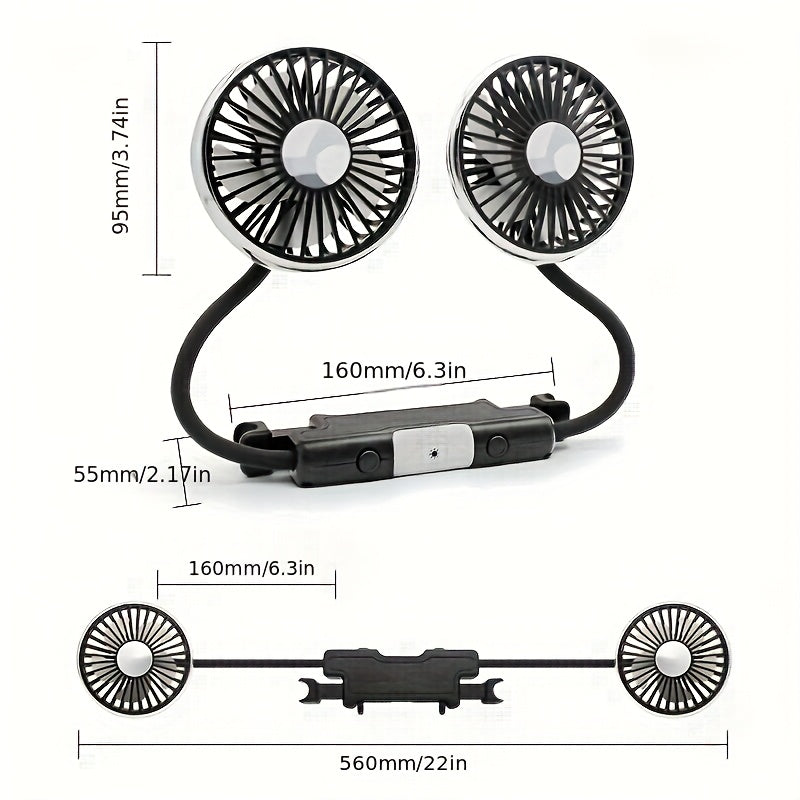 USB Car Back Seat Baby Fan, 2 Independent Heads, 360° Rotatable, 5V Quiet, Plastic, Exhaust, with Cord, for Sedan SUV RV Truck Van