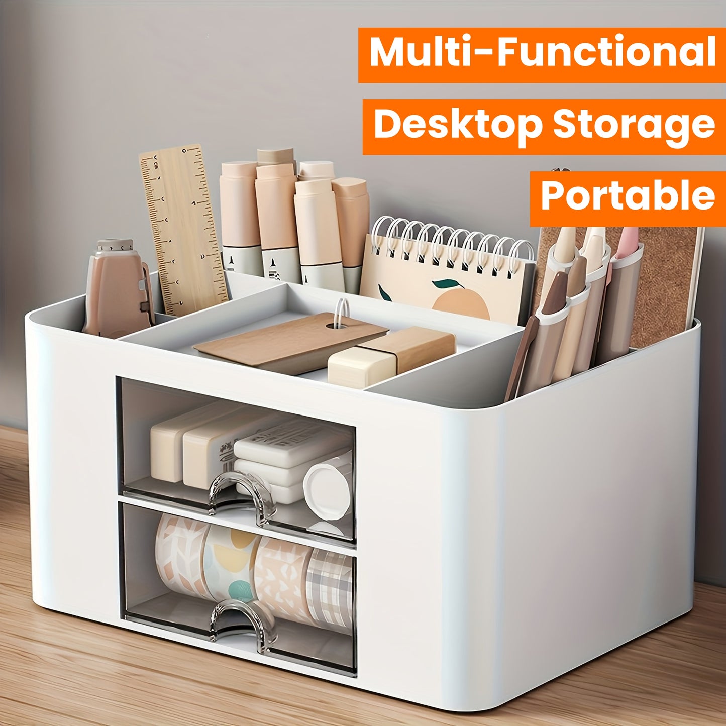 1pc Multi-Functional Plastic 5 Compartments Desk Organizer with 2 Drawers - Office Supply Caddy, Portable Desktop Storage for Stationery, Pens, Pencils, Art Supplies