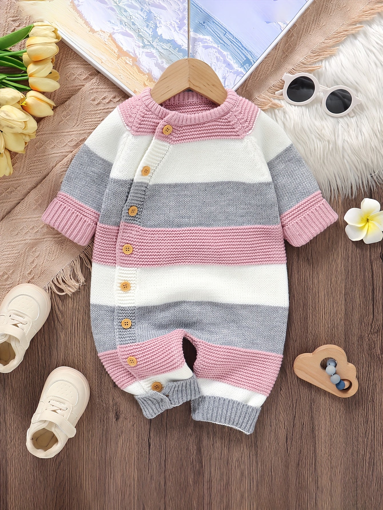 DOVFANNY Baby Boys' Striped Long-Sleeve Romper - Soft Acrylic Knit Jumpsuit with Button Front, Gray & Pink Horizontal Stripes, Perfect for Fall/Winter, Baby Boy Clothes, Fall Winter Apparel, Cozy Infantwear, Playful Infantwear, Durable Infantwear
