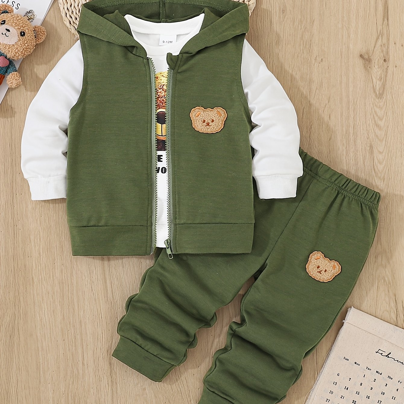 A 3pcs Set for Baby Boys Featuring a Hoodie with Bear And a Vest - Casual Sportswear with Zipper Details, Machine Washable - Perfect for Spring And Autumn, Ideal for Outdoor Activities.