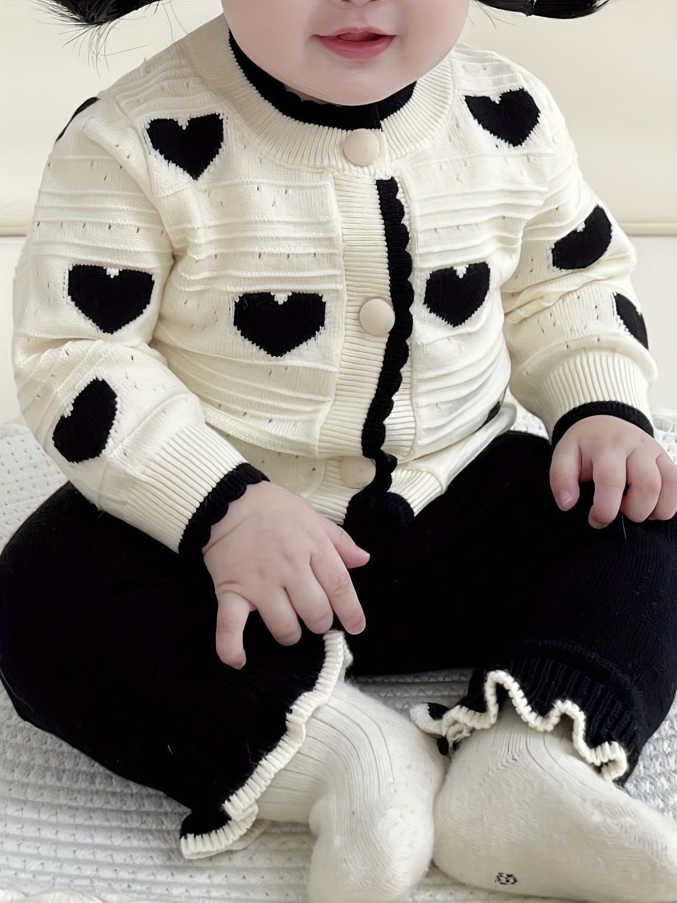 Newborn Baby Clothes Spring/Autumn Set for Girls with Heart Open Cardigan and Hollow Out Sweater Jacket Knit Pants Two-Piece Suit, Perfect for Outdoor
