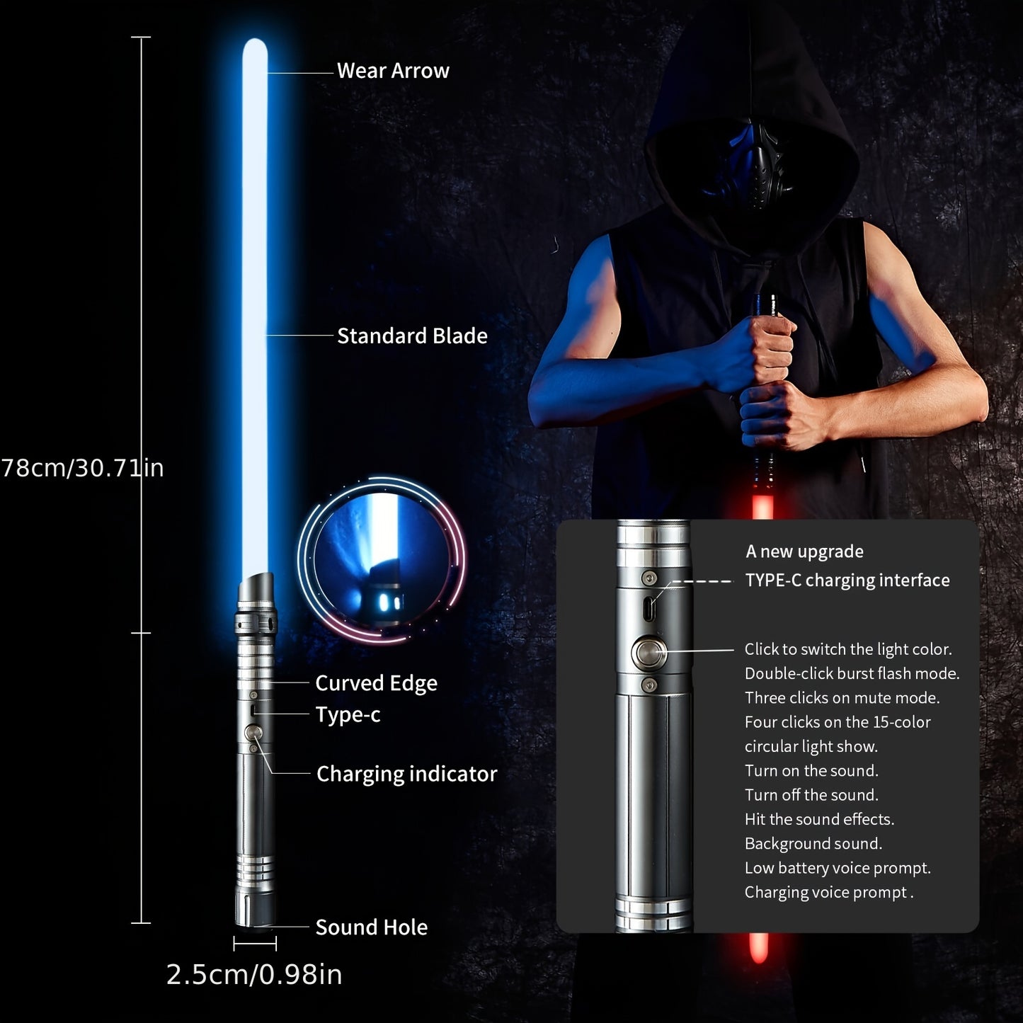 Upgraded Version of 7 Colors Metal Handle Light Sword, Rechargeable Battery, 2-In-1 with 3 Sound Effects, Cosuly Character Performance Props Suitable for Christmas And Halloween 1/2 Pack