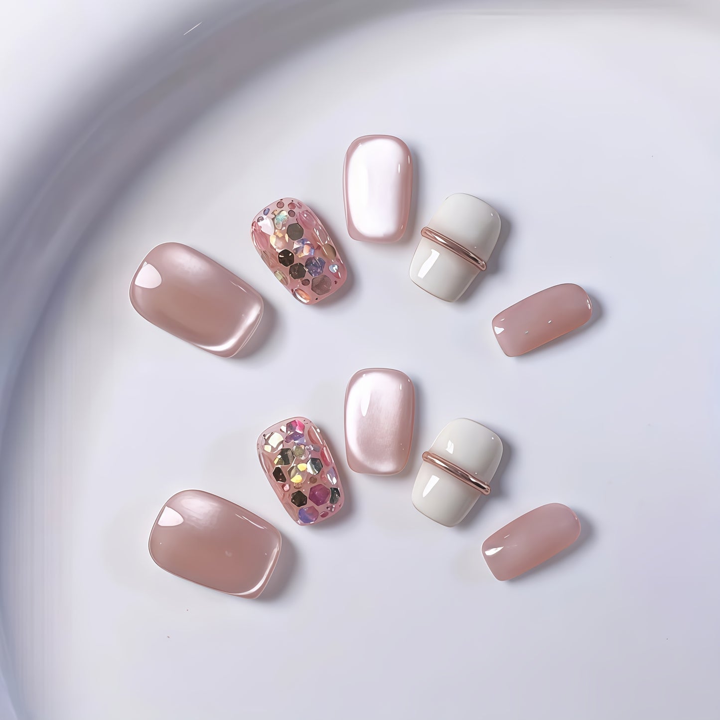 10pcs Handmade Short Press-On Nails - Pink Cat Eye Glitter & Metallic Accents, Square Medium Length Reusable Fake Nails with Satin & Glossy Finish for Hands & Feet