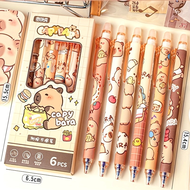 6pcs Set of Capybara Themed Erasable Gel Pens, Blue Ink Retractable Design, Smooth Writing, Fast Drying Office Accessory, Elegant Stationery Pen