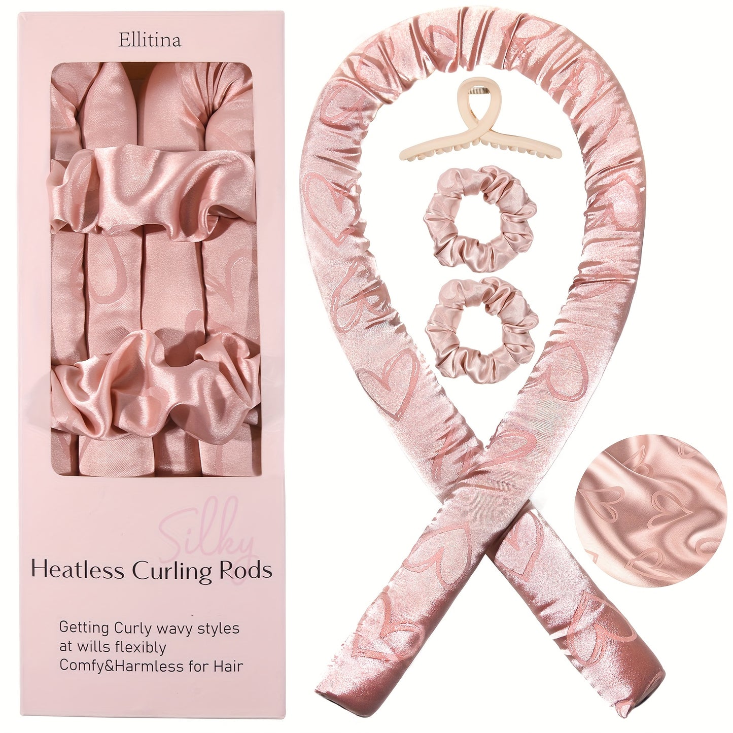 Ellitina 4pcs Spring-Summer Heatless Curling Set - No-Heat Overnight Waves & Satin Travel Kit | Sleep-Soft Adjustable Rod & Headbands (Leopard/Hearts) | DIY Vacation Curls Anywhere | Luxury Mother's Day gift
