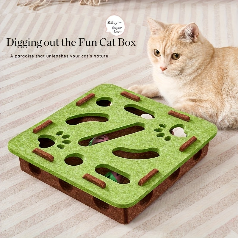 Cat Fun Box - Interactive scratching and digging construction site with paw prints, durable cat puzzle game for indoor cats, intellectual stimulation and physical activity, cat toy with 3 balls (random color), playful design, no batteries required