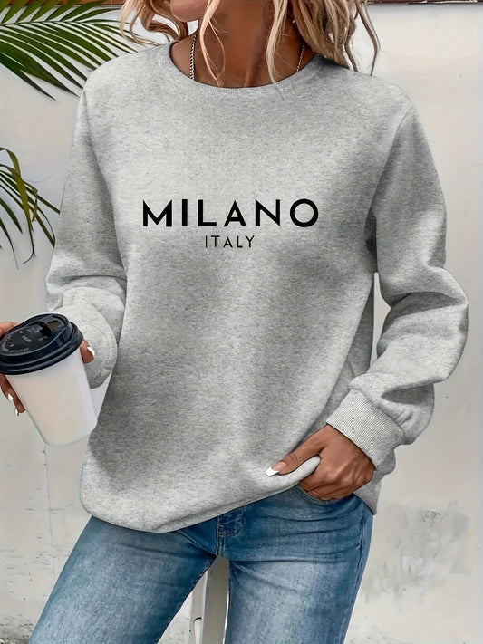Milano Chic Print Pullover Sweatshirt - Fashion Sweatshirts for Women - Soft, Casual, Long Sleeve, Crew Neck, Fall and Winter Essential, Comfortable Women's Clothing
