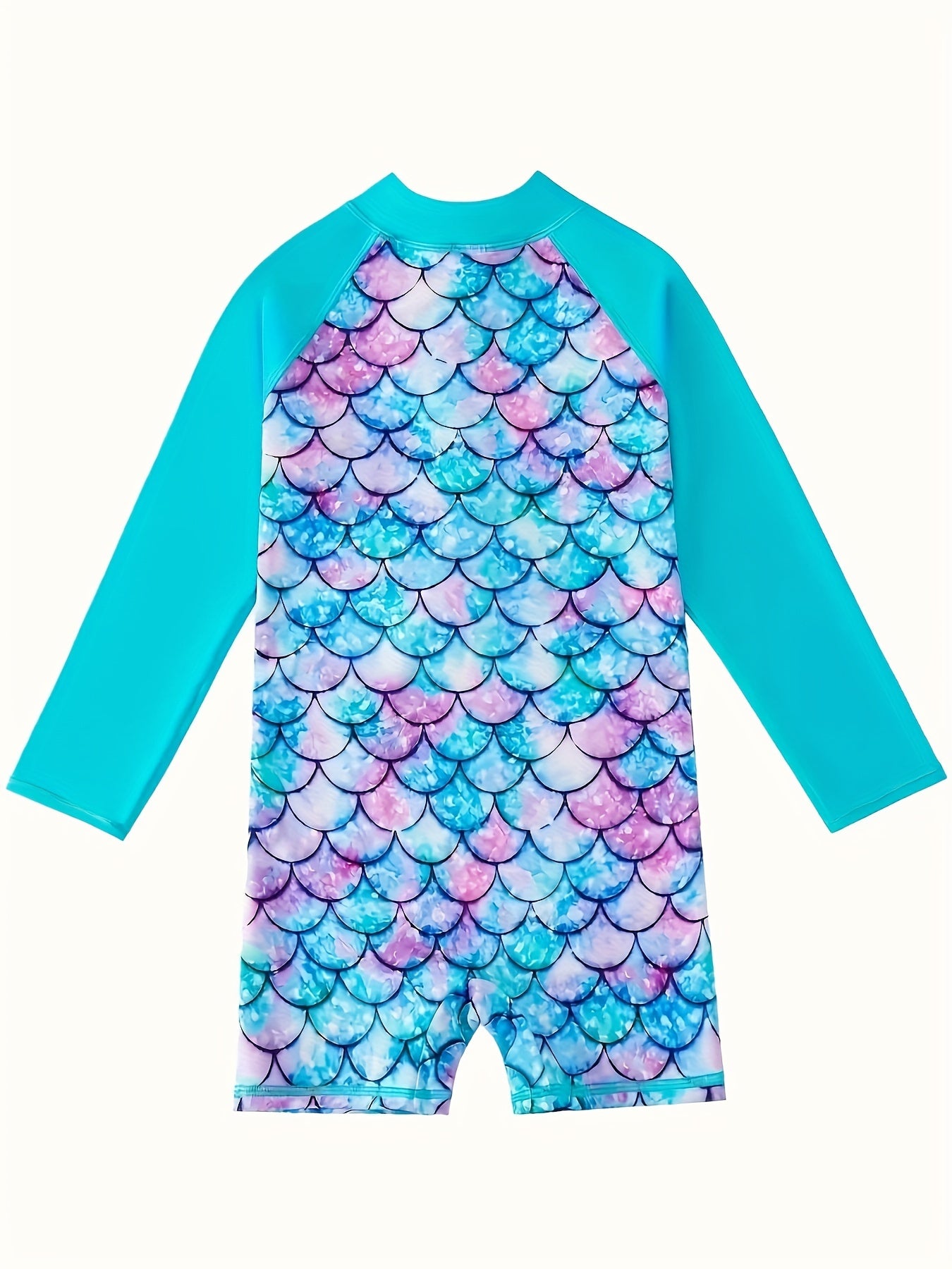 Girls' Stretchy One-Piece Swimsuit with Long Sleeves - Vibrant Purple Floral Print, High-Elasticity Polyester & Spandex Blend, Machine Washable, Perfect for Pool or Beach Fun, Poolside Attire|Mermaid Scale Design|Stretchy Fabric Suit