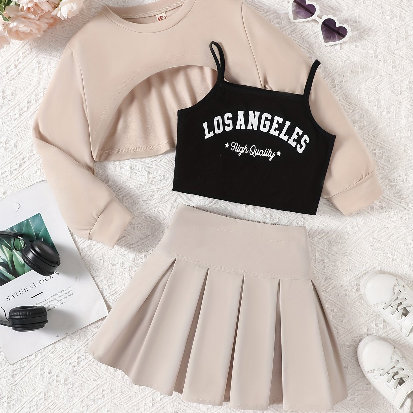 Girls' Spring/Autumn 3-Piece Outdoor Set, Long Sleeve Blouse, Los Angeles Print Cami Top And Pleated Skirt Set, Polyester Blend, Machine Washable