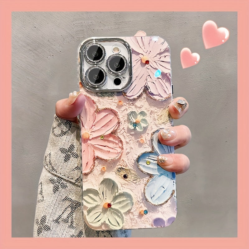 Oil Painting Flowers Pattern Protective Phone Case, Suitable For IPhone 15 Pro/14 Pro Max/13/12 Pro Max/11 Lens Full Coverage High-end New Anti-fall Protective Case